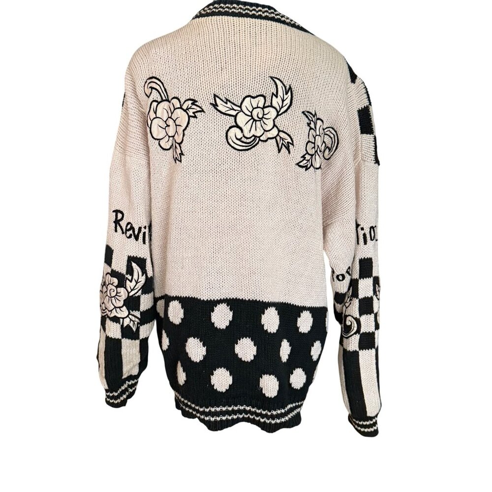 No! Jeans Pop Revolution Black & White Graphic Checkered Cardigan With Floral Kn - Picture 10 of 16